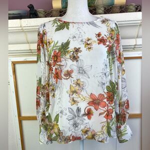 Beautiful sheer chiffon blouse w/ lilies and interest cuffs, covered buttons